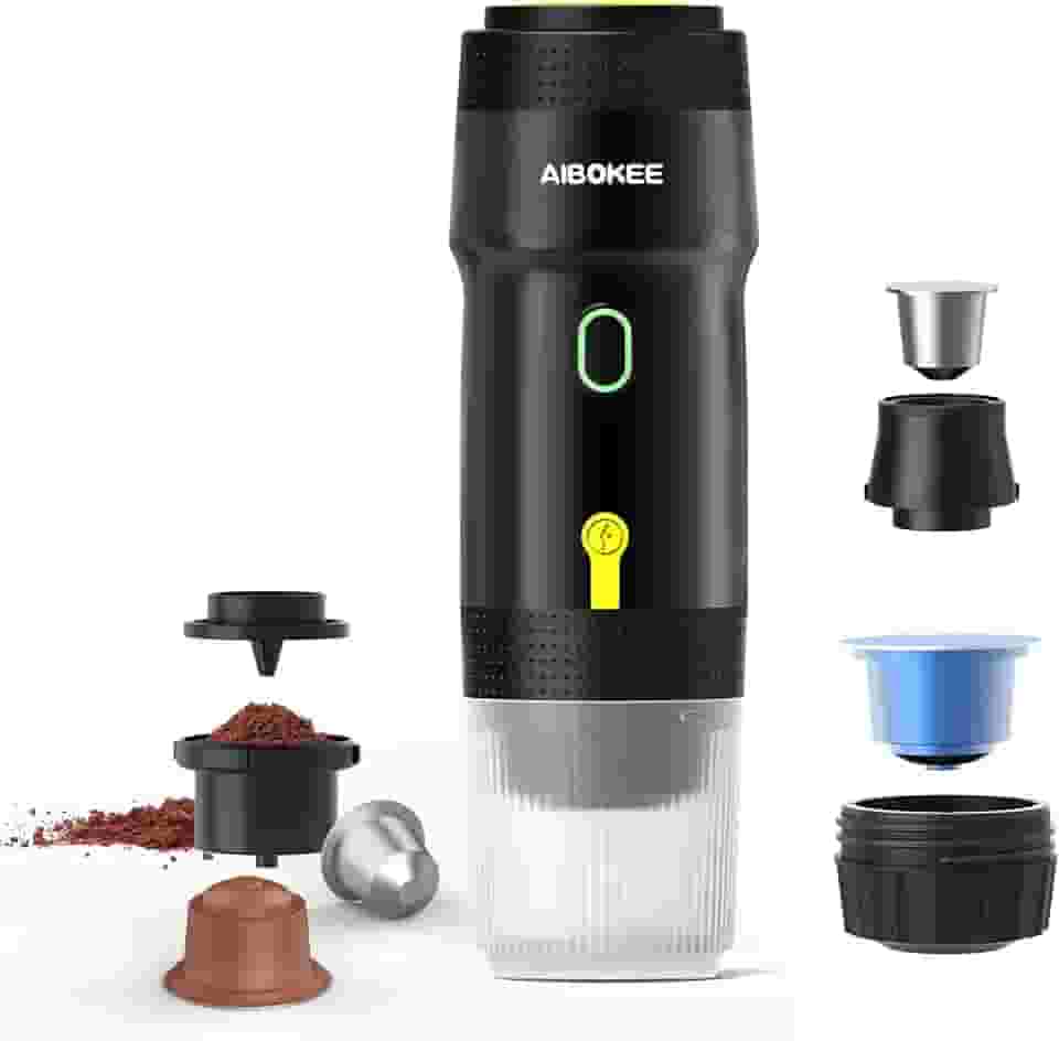 AIBOKEE Máquina de café expresso portátil, cafeteira portátil 3 em 1, mini máquina de café expresso de 20 bar, máquina de café expresso de viagem com autoaquecimento compatível com cápsulas NS, DG e