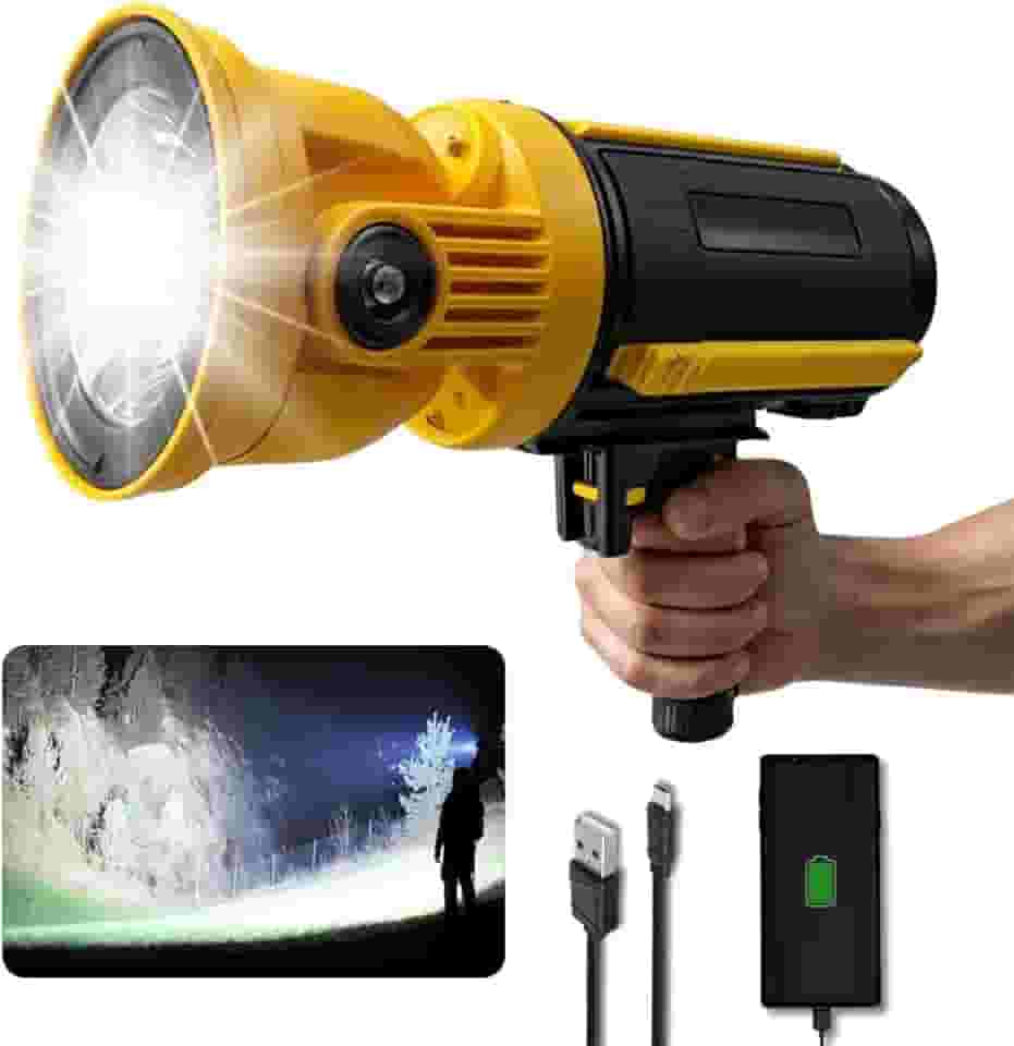 Lanterna Holofote 250w Mais Forte Do Mundo Recarregável Usb Lanterna Preto Com Amarelo Luz Branco potente e fácil de transportar