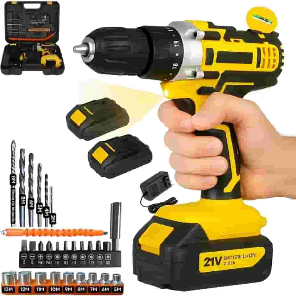 Furadeira e Parafusadeira de Impacto Sem Fio 21V com LED, 2 Baterias Recarregáveis Bivolt e 32 Acessórios - Maleta Completa para Uso Doméstico e Profissional