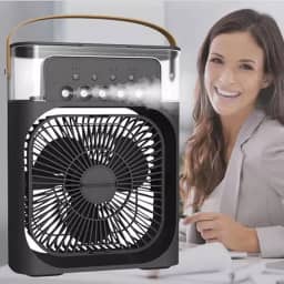 Climatizador e Ventilador Portátil LED 3 Velocidades 500ml Recarregável USB Bivolt 10W Silencioso com Alça de Transporte para Casa, Escritório, Quarto, Viagem – Cor Preto