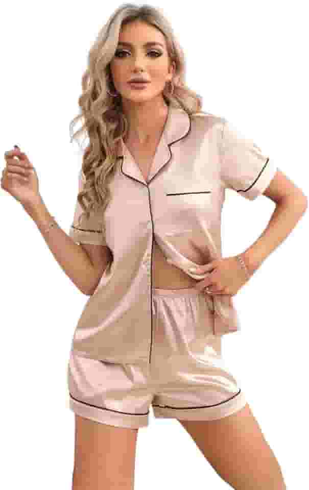 Pijama feminino adulto americano cetim toque de seda bolso e botão manga curta e short