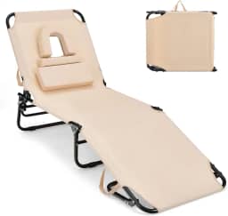 GYMAX Cadeira de bronzeamento, espreguiçadeira de praia de 158 kg com orifício para o rosto, travesseiro lavável e alça de transporte, espreguiçadeira dobrável ajustável, espreguiçadeira para