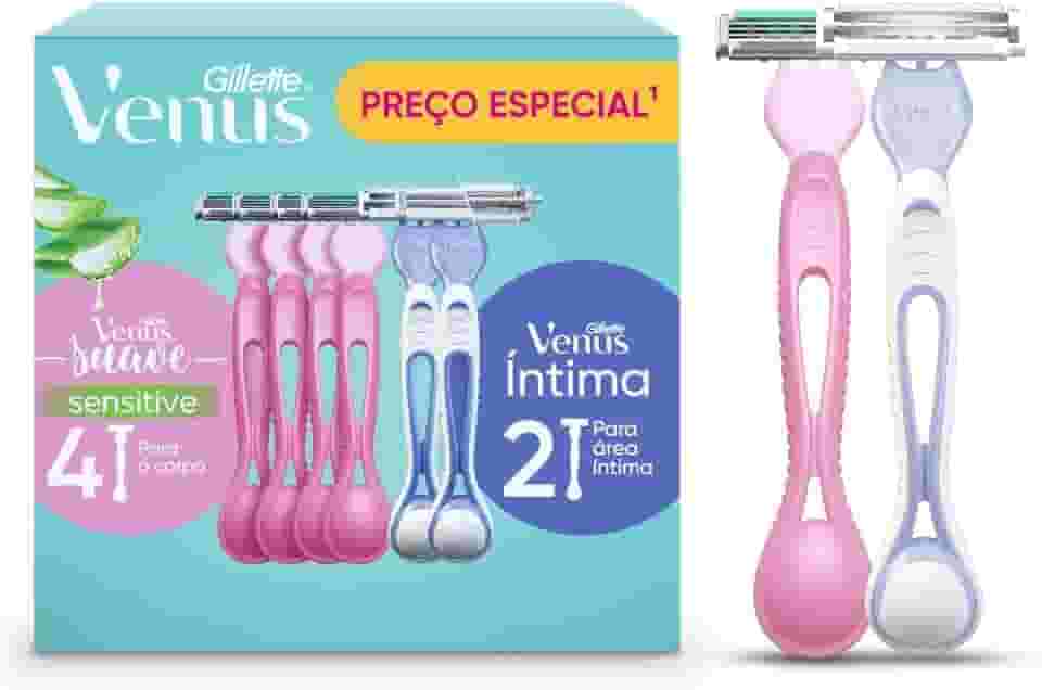 1 Kit Gillette Venus Suave, Aparelho de Depilação Descartável com Aloe, 4 Uds + Gillette Venus Íntima, Aparelho de Depilação Íntima Feminino Descartável, 2 Uds