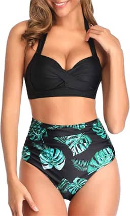 Conjunto de biquíni feminino, duas peças, frente única, cintura alta franzida