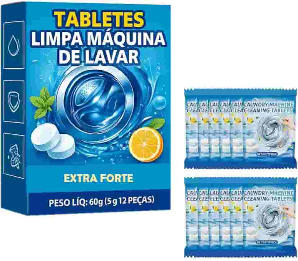 Pastilhas Limpadoras para Máquina de Lavar - Kit com 12 Unidades – Limpeza Profunda, Anticalcário, Elimina Odores, Compatível com Todas as Máquinas - Machine Cleaning Tablets