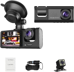 Câmera Veicular Full HD 1080p com 3 Câmeras (Frontal+Interna+Traseira) | LCD 4' | Visão Noturna, Sensor de Colisão, Detecção de Movimento, Estacionamento e Suporte Micro SD