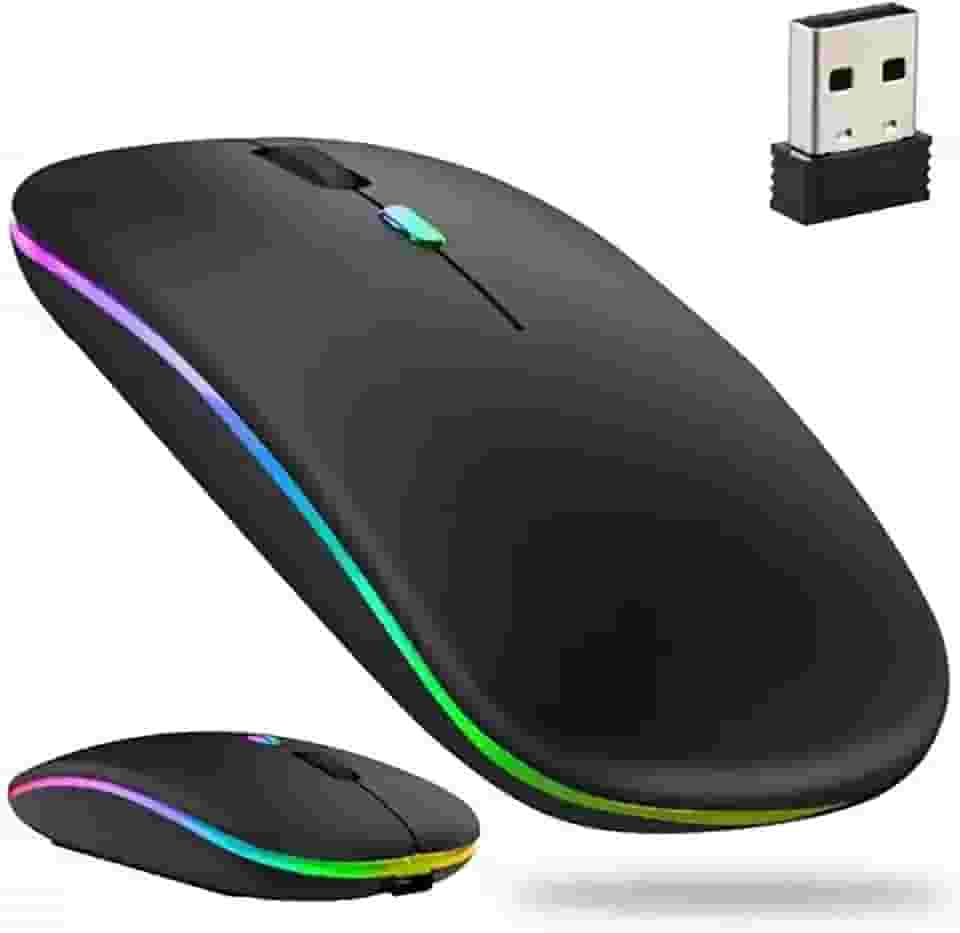 Mouse Sem Fio Recarregável com Led, Design Ergonômico, Conexão Dual Bluetooth 5.0/USB 2.4GHz, DPI Ajustável, Silencioso (Preto)