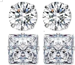 Conjunto 2 Pares de Brincos Prata Cravejado de Zirconia10mm Masculinos Redondo e Quadrado Estilo CR7 Alto Brilho