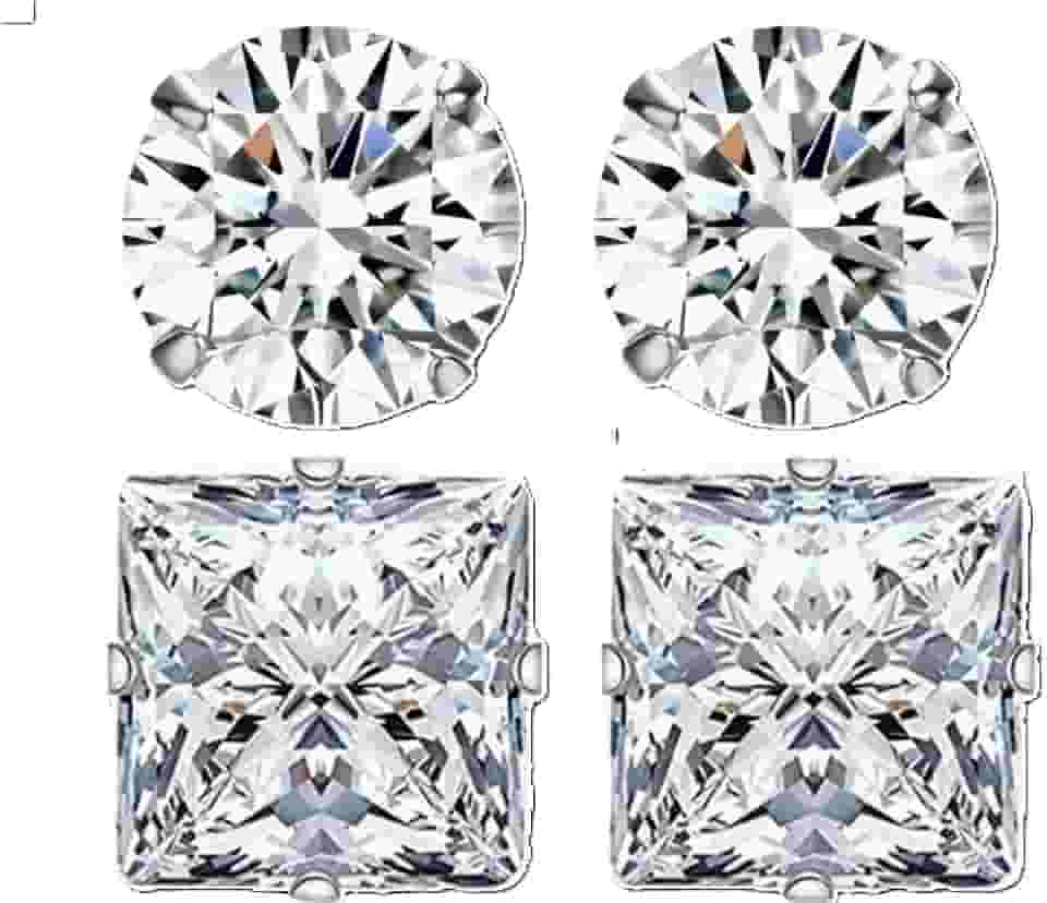 Conjunto 2 Pares de Brincos Prata Cravejado de Zirconia10mm Masculinos Redondo e Quadrado Estilo CR7 Alto Brilho