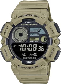 Série WS-1500H | Relógio digital masculino | (bege) | 100 m WR | Iluminador LED | Fase da lua | Gráfico de pesca | Calendário de data | Cronógrafo de 100 SEC | Alarme | Tempo duplo, Bege