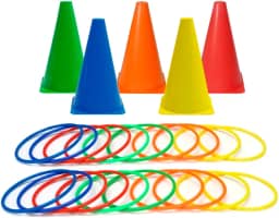 5 Cones Demarcatórios 18cm + 15 Mini Argolas Recreativas