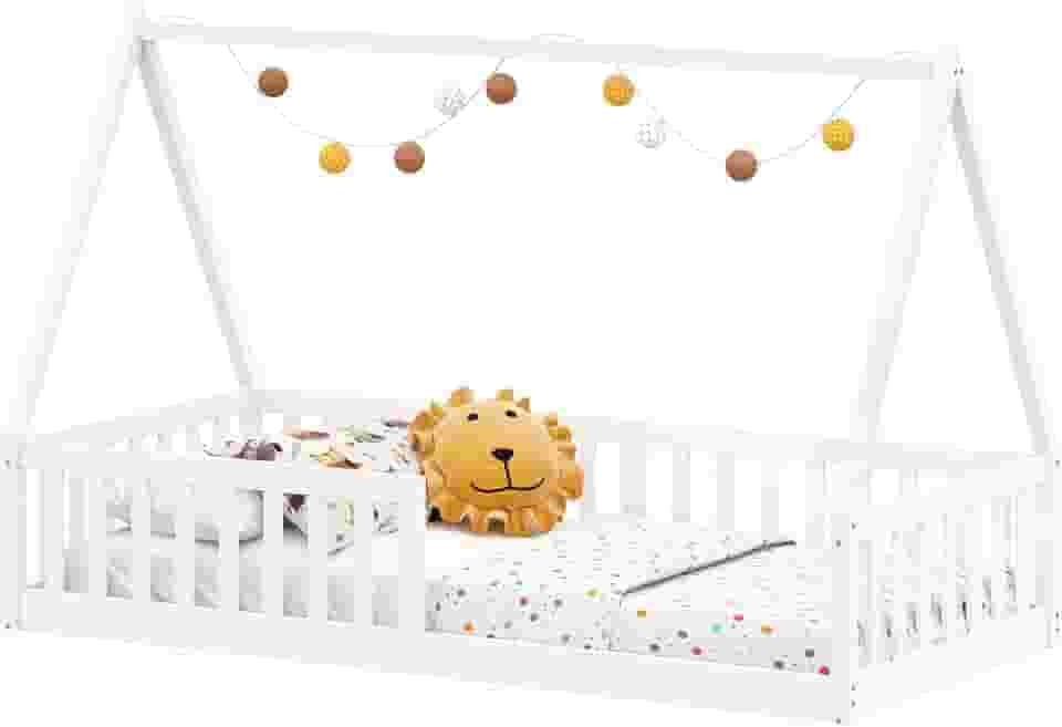 IDIMEX Cama Infantil Madeira Branco Grade Montessori Casinha de Chão Nicolas