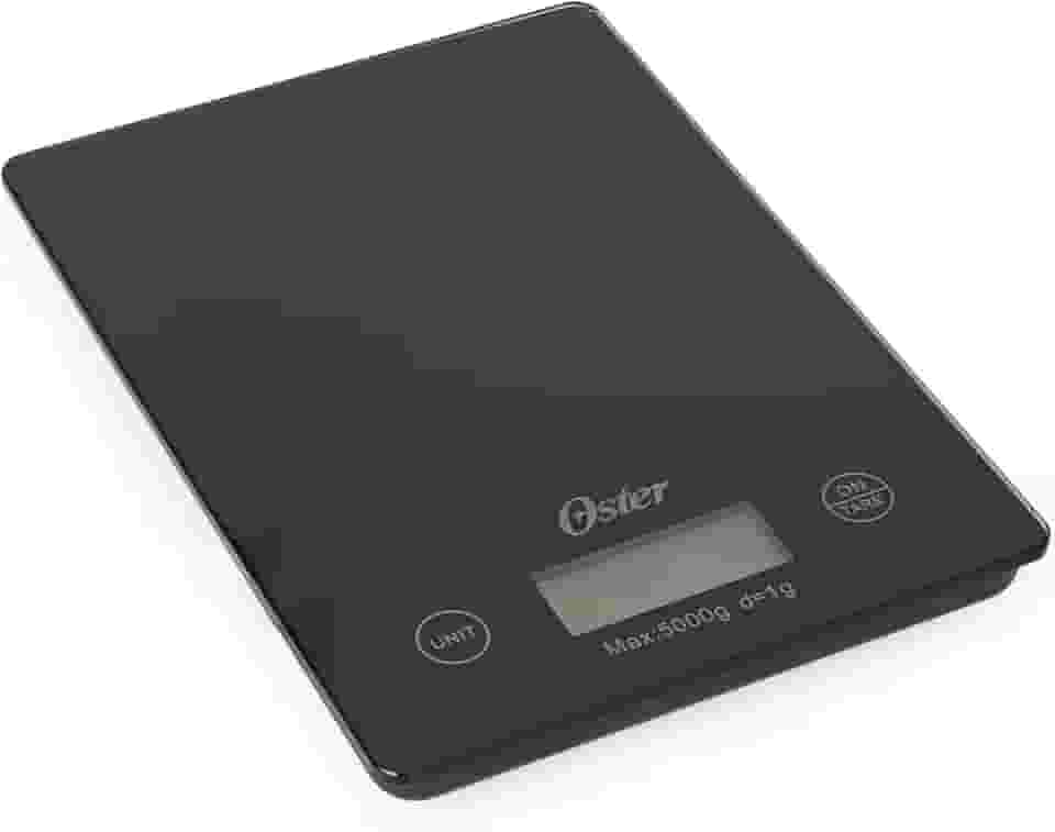 BALANÇA DE COZINHA DIGITAL DE MESA PARA USO DOMÉSTICO WESTMAN - TAMPO EM VIDRO, DISPLAY MONTADO NO CORPO DA BALANÇA E CAPAXIDADE MÁXIMA DE 5000 GRAMAS - 21,5cm x 15,4cm x 2,6cm - OSTER