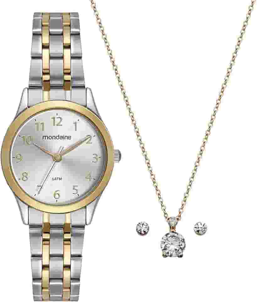 Kit Relógio Mondaine Feminino Bicolor com Semijoia 32608LPMKBE3K1