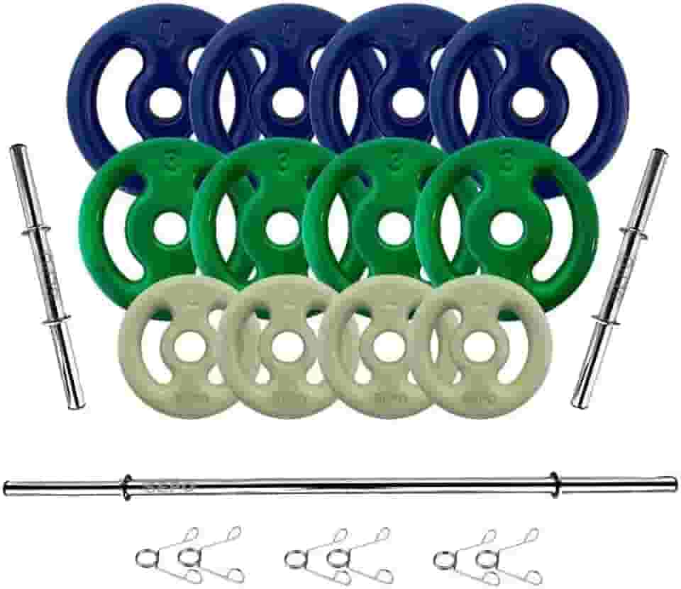 Kit 40Kg Anilhas Emborrachadas com Barras de 40cm e 1,50m