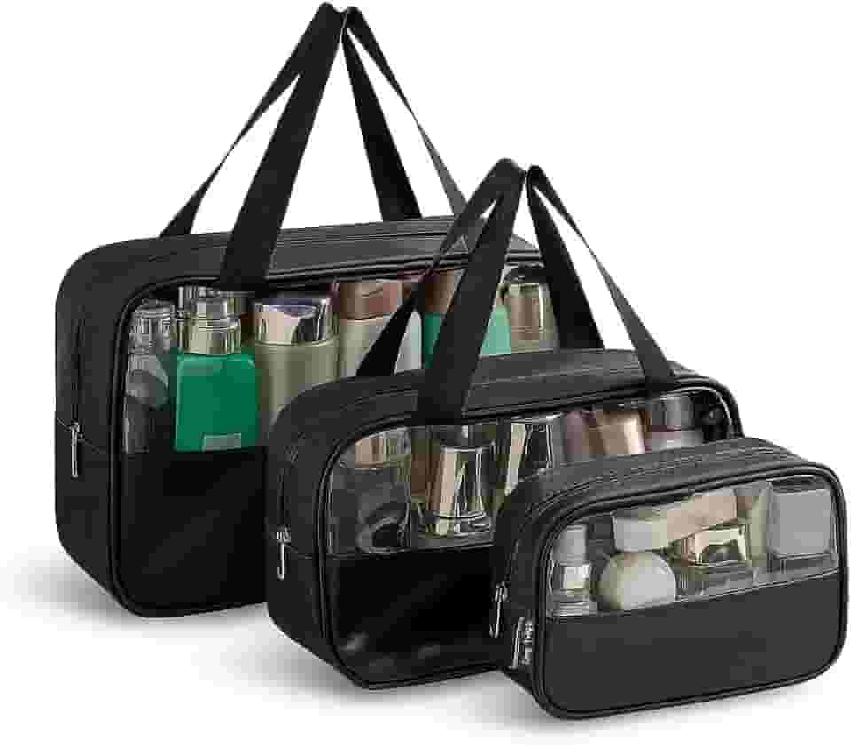 Kit Necessaire Transparente 3 em 1 Bolsa de Viagem para Maquiagem e Higiene Pessoal Unissex – Grande Capacidade, Organizador em PVC Impermeável, Ideal para Academia, Mala, Mala de Mão (Preto)