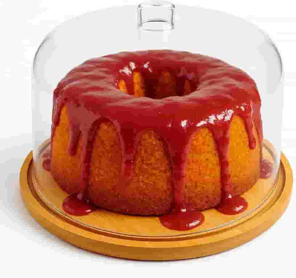 Boleira Porta-Bolo de Bambu Com Tampa de Acrílico Cúpula | Perfeito Para Armazenar Seus Bolos e Tortas | 30cm Diâmetro