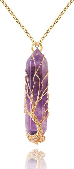 Colar de cristal curativo, árvore da vida, envolto em arame, ametista natural, pingente de pedra, colar hexagonal Reiki, joia de quartzo espiritual, joia de pedra preciosa para homens e mulheres