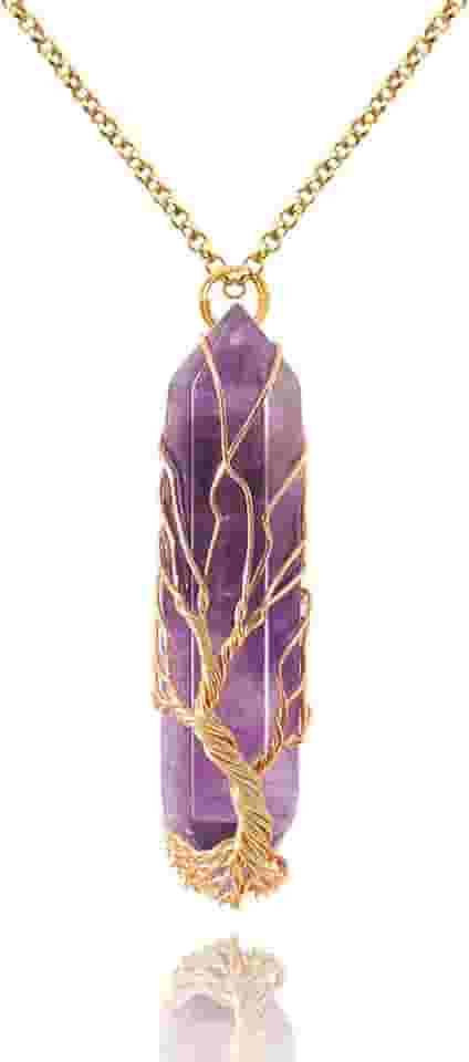 Colar de cristal curativo, árvore da vida, envolto em arame, ametista natural, pingente de pedra, colar hexagonal Reiki, joia de quartzo espiritual, joia de pedra preciosa para homens e mulheres