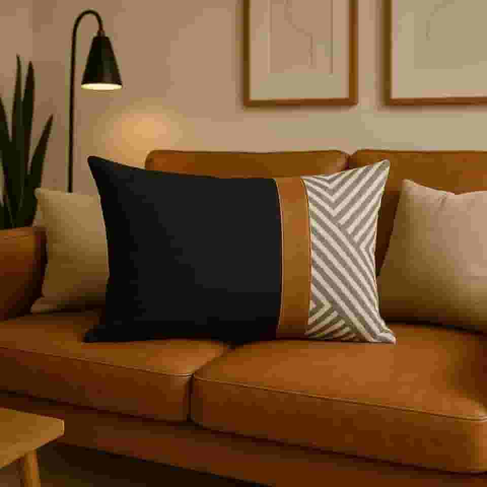 Capa de Almofada Decorativa Retangular, Linho Cru com Couro Caramelo e Estampa Geométrica Preto, 30x50cm