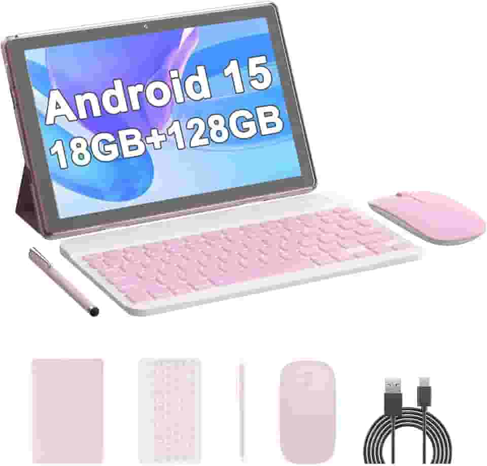 Tablet Android 15, 10 polegadas 18 GB RAM 128 GB ROM, tablet processador quad-core 2,0 GHz, tela sensível ao toque 1280 x 800 IPS, 2,4 G/5G WiFi, tablets 2 em 1 com teclado, capa, mouse, caneta