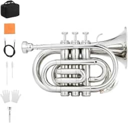 Trompete Pocket Bb VEDO VD-Y330 Prata: Instrumento Profissional em Latão para Iniciantes com Estojo Rígido, Boquilha 7C e Kit Completo - Presente Ideal para Amantes da Música Brasileira