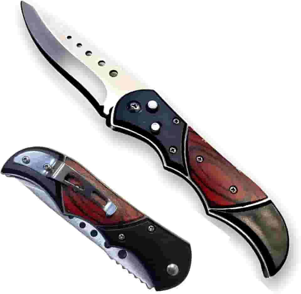 Canivete Tático Retrátil com Clip, Lâmina em Aço Inox, Cabo em Madeira e Metal, Preto e Vermelho