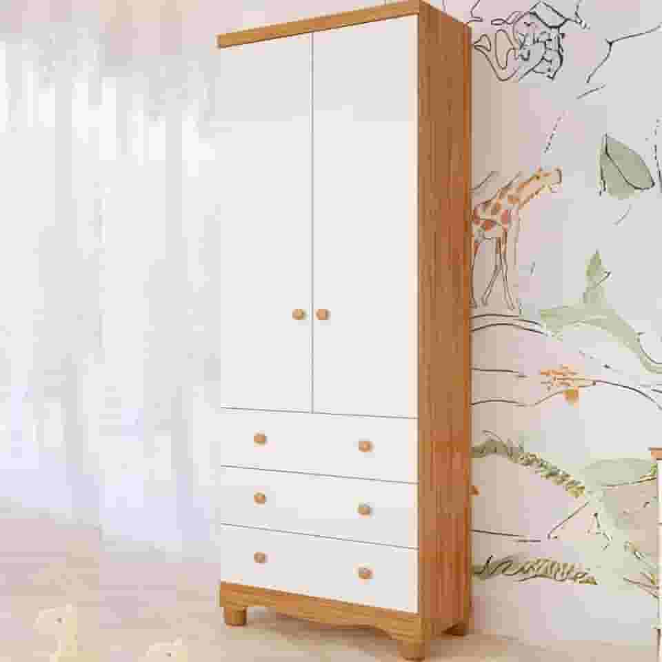 Guarda Roupa Infantil Bebê 2 Portas 3 Gavetas Branco Carvalho 100% Mdf Júnior Móveis Peroba Amendoa/branco