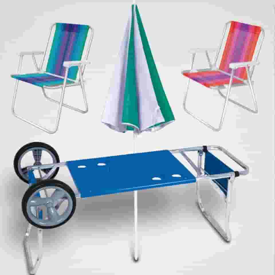 Kit Praia Carrinho sem Avanço + 2 Cadeiras Alta de Aluminio+ Gaurda Sol Ajustavel Grande Original Mor - Mais Conforto no seu Lazer
