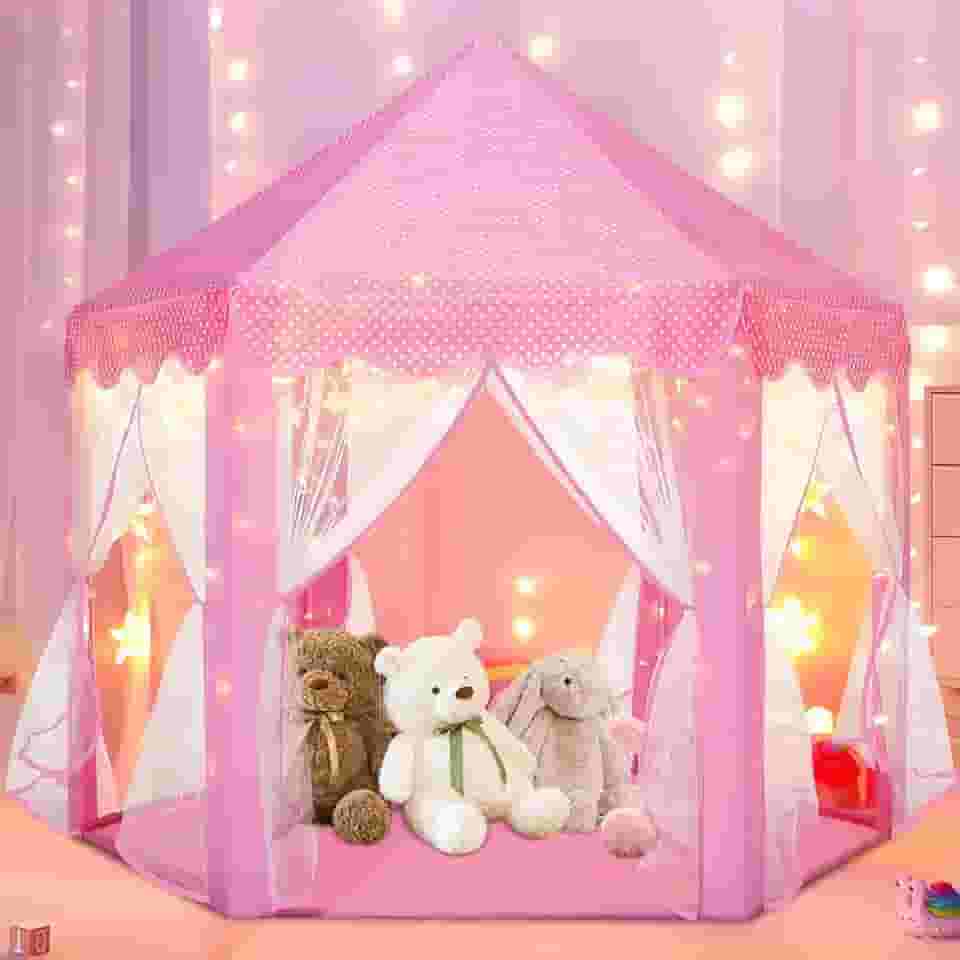 Cabana, Barraca,Tenda, Casinha Castelo Grande,Casinha Brinquedo, Barraca Rosa, Fácil de Montar, Casinha de Brinquedo, 140 * 140 * 135cm, Comporta de 3 a 4