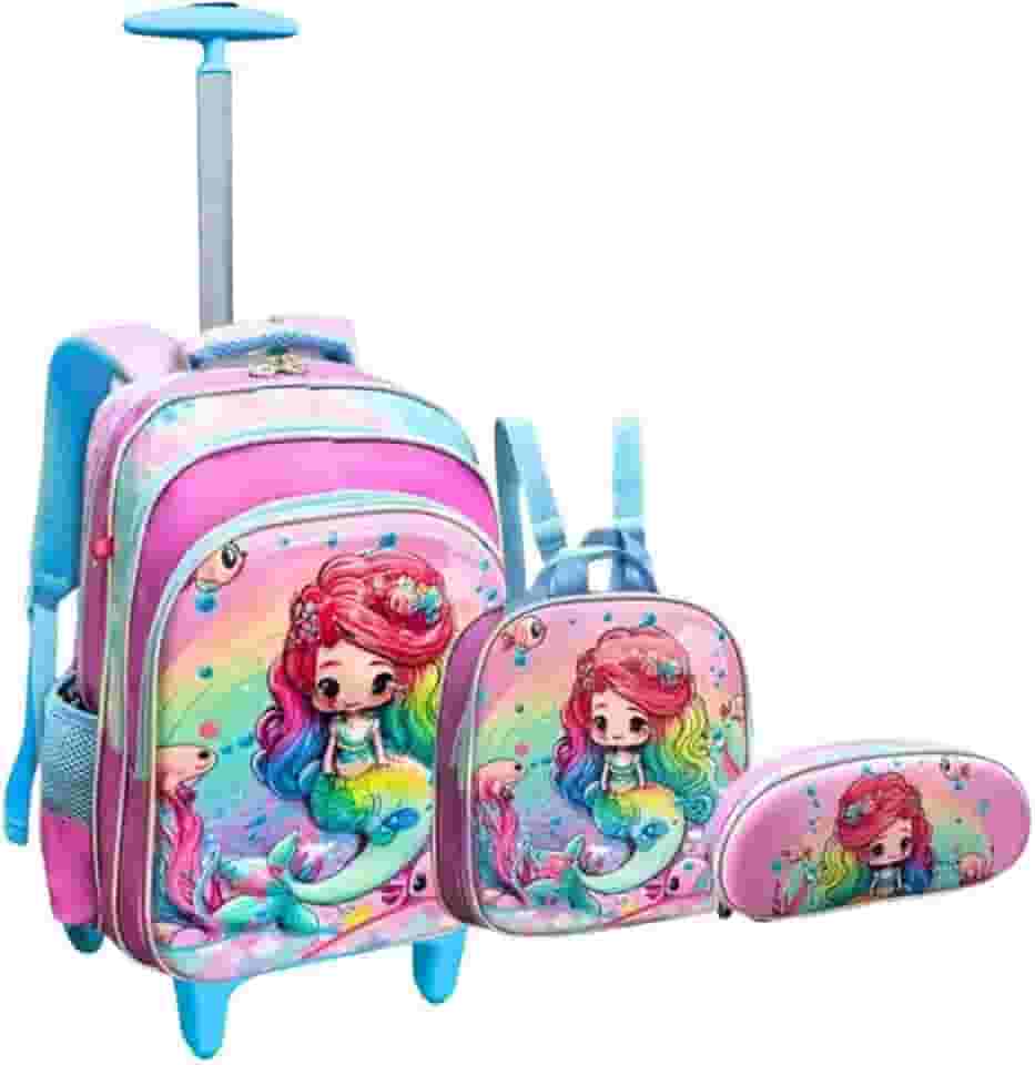 Mochila Sereia 3D Escolar Infantil Rodinha Lancheira Estojo Azul