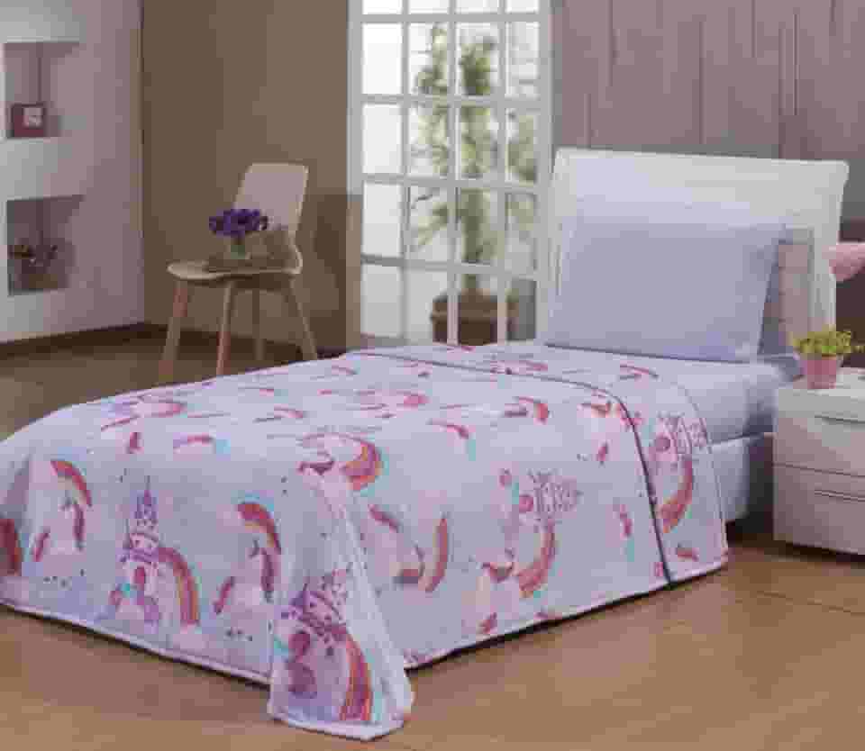 Cobertor Manta Solteiro Infantil Flanel Microfibra Toque Extra Macio Secagem Rapida (Unicornio Reino Lilás)