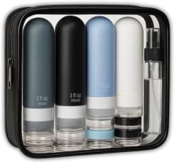 Kit Frascos Reutilizáveis com Necessaire para Viagem – Silicone Macio, à Prova de Vazamentos, Ideal para Cosméticos, Cremes, Shampoo, Loções e Viagens Aéreas. (Preto)