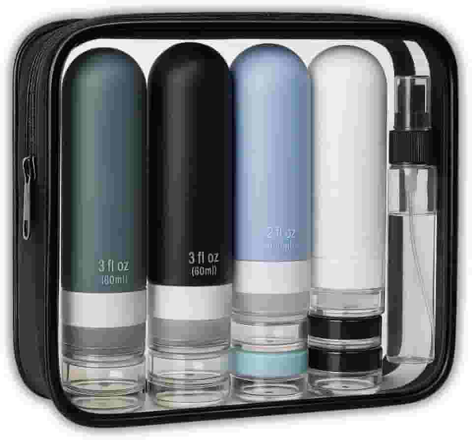 Kit Frascos Reutilizáveis com Necessaire para Viagem – Silicone Macio, à Prova de Vazamentos, Ideal para Cosméticos, Cremes, Shampoo, Loções e Viagens Aéreas. (Preto)