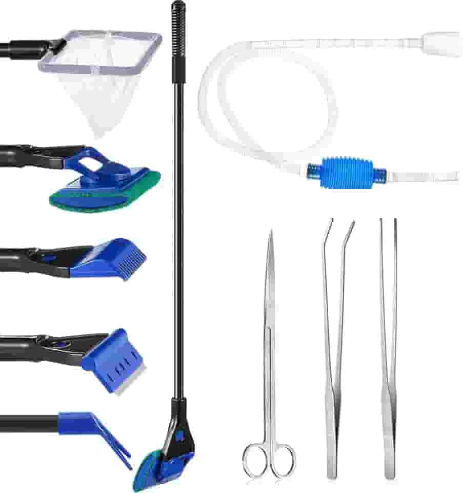 Kit de Limpeza de Aquário 9 em 1 com Sifão, Pinças e Tesoura, para Aquários de Água Doce e Salgada - Escovas, Rede e Sifão para a Drenagem - Cabo de 45cm