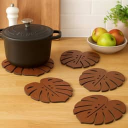 Kit de 5 Descansos de Panela em Madeira, Formato Folha Tropical Monstera, Protetor de Mesa para Cozinha