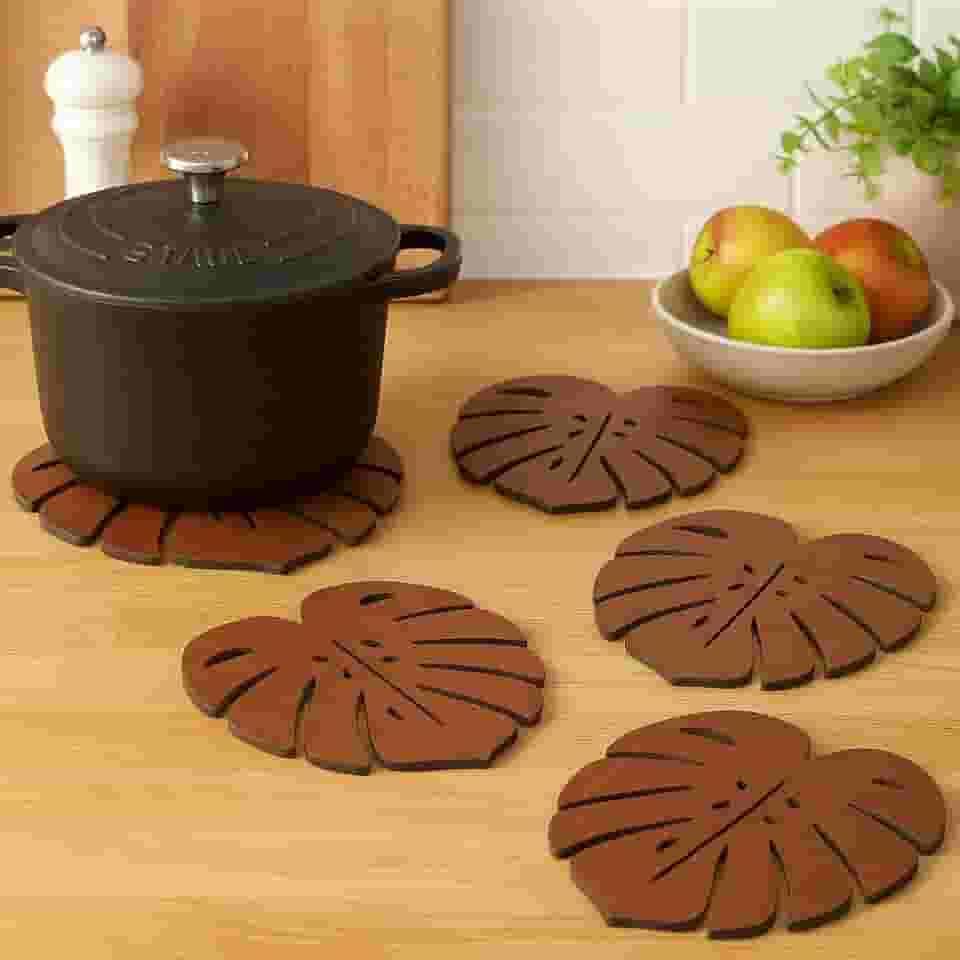 Kit de 5 Descansos de Panela em Madeira, Formato Folha Tropical Monstera, Protetor de Mesa para Cozinha