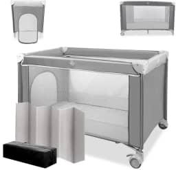 (Sem Colchão)Dobrável, 125 x 65 x 77cm, Bed com rodas, Confortável E Compacto, Chiqueirinho, Cinza, Portatil Sleep Cinza, com Bolsa de Armazenamento, Altura não ajustável, Vem com Uma Tábua Acolchoada