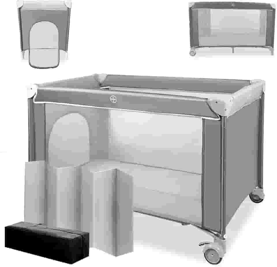 (Sem Colchão)Dobrável, 125 x 65 x 77cm, Bed com rodas, Confortável E Compacto, Chiqueirinho, Cinza, Portatil Sleep Cinza, com Bolsa de Armazenamento, Altura não ajustável, Vem com Uma Tábua Acolchoada