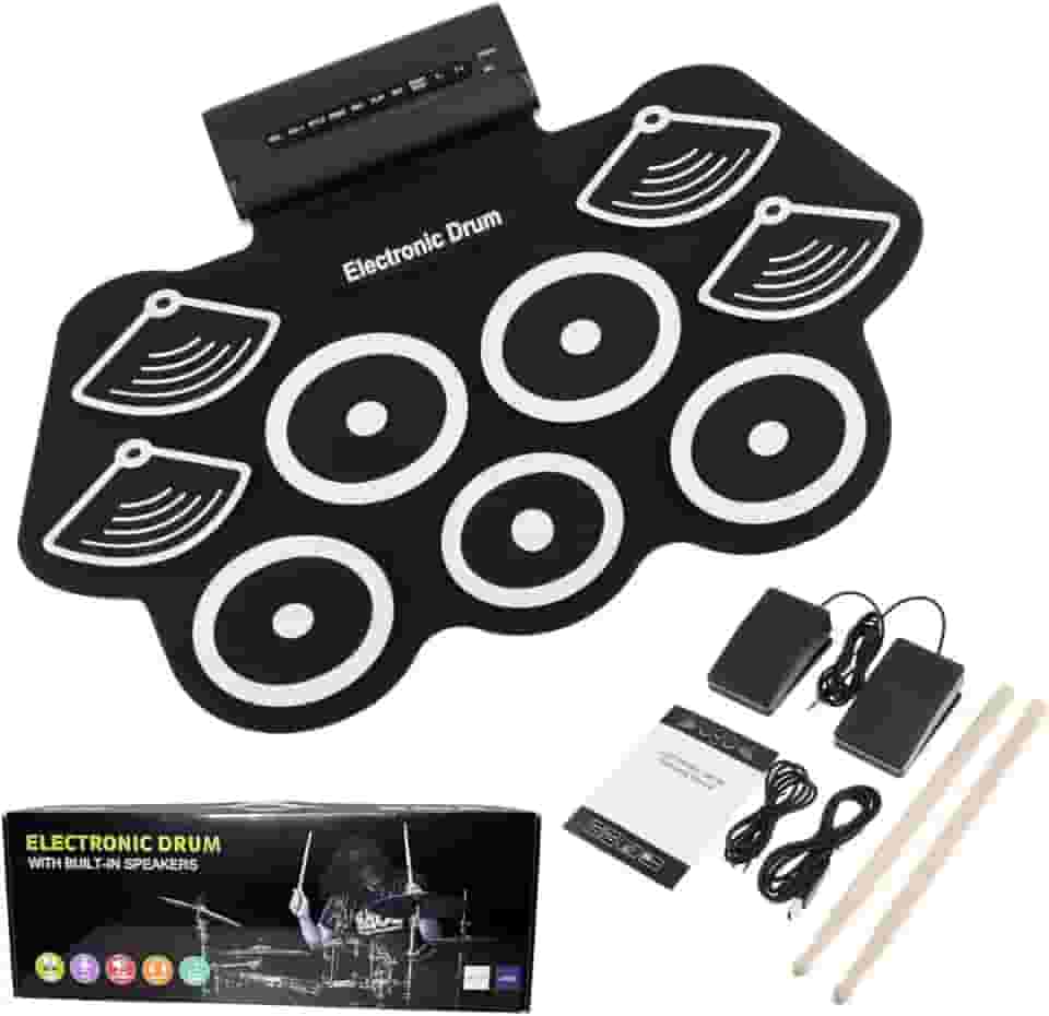 Bateria Eletrônica Instrumento Musical Portátil de Silicone com 9 Pads, Pedais, Baquetas, MIDI Ideal para Crianças, iniciantes, Músicos, Prática Musical em Casa - E FCS Store