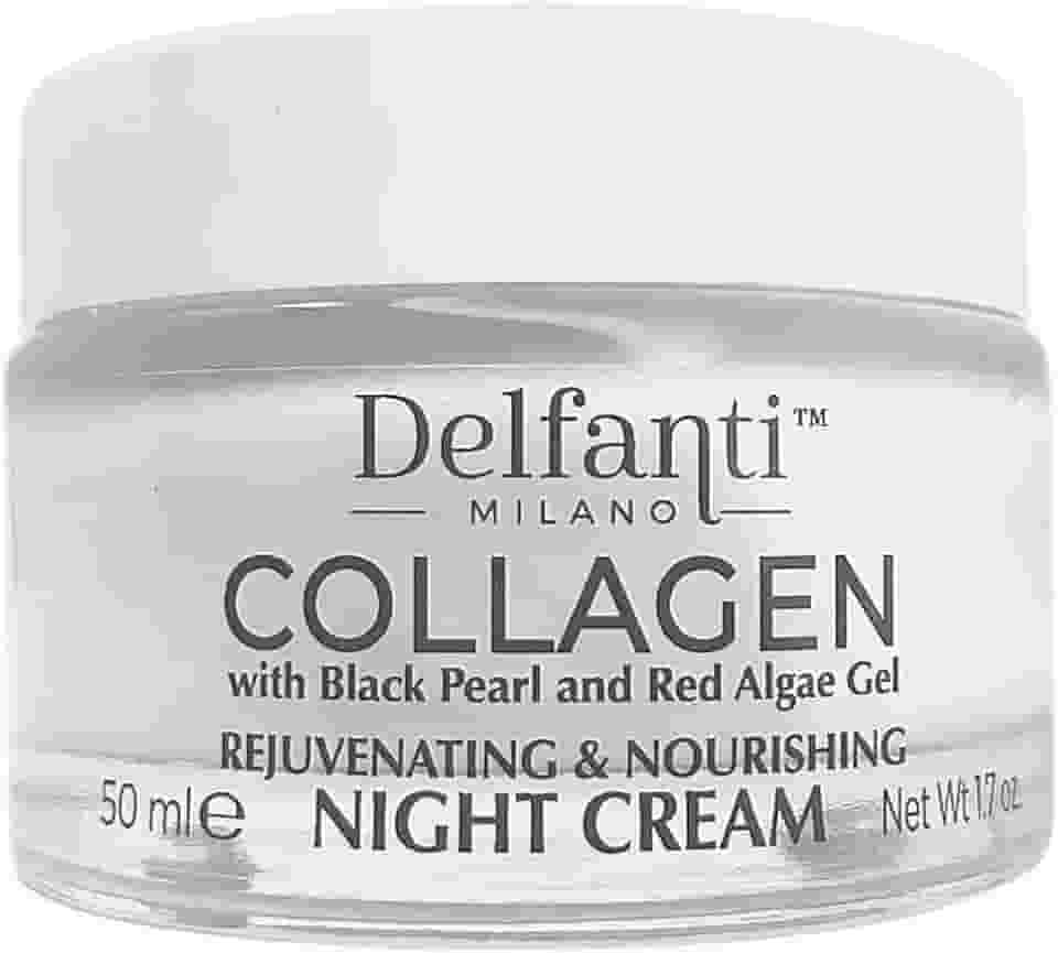 Delfanti-Milano • Creme noturno rejuvenescedor e nutritivo de colágeno • Hidratante para rosto e pescoço com pérola preta e gel de algas vermelhas • Feito na Itália