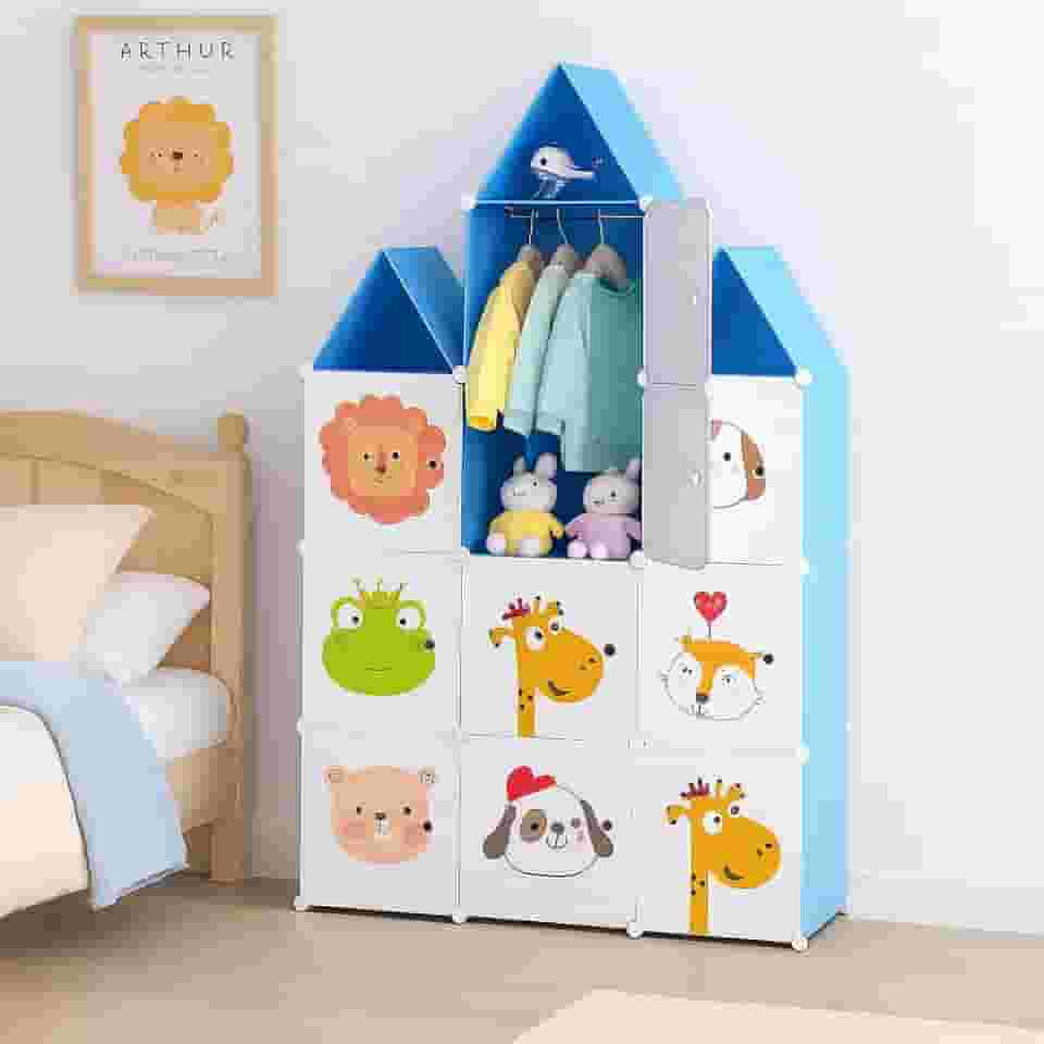 Guarda-Roupa Infantil Modelo Castelo, 13 Nichos, 127 x 110,5 x 37 cm, Organizador de Brinquedos e Roupas, Azul