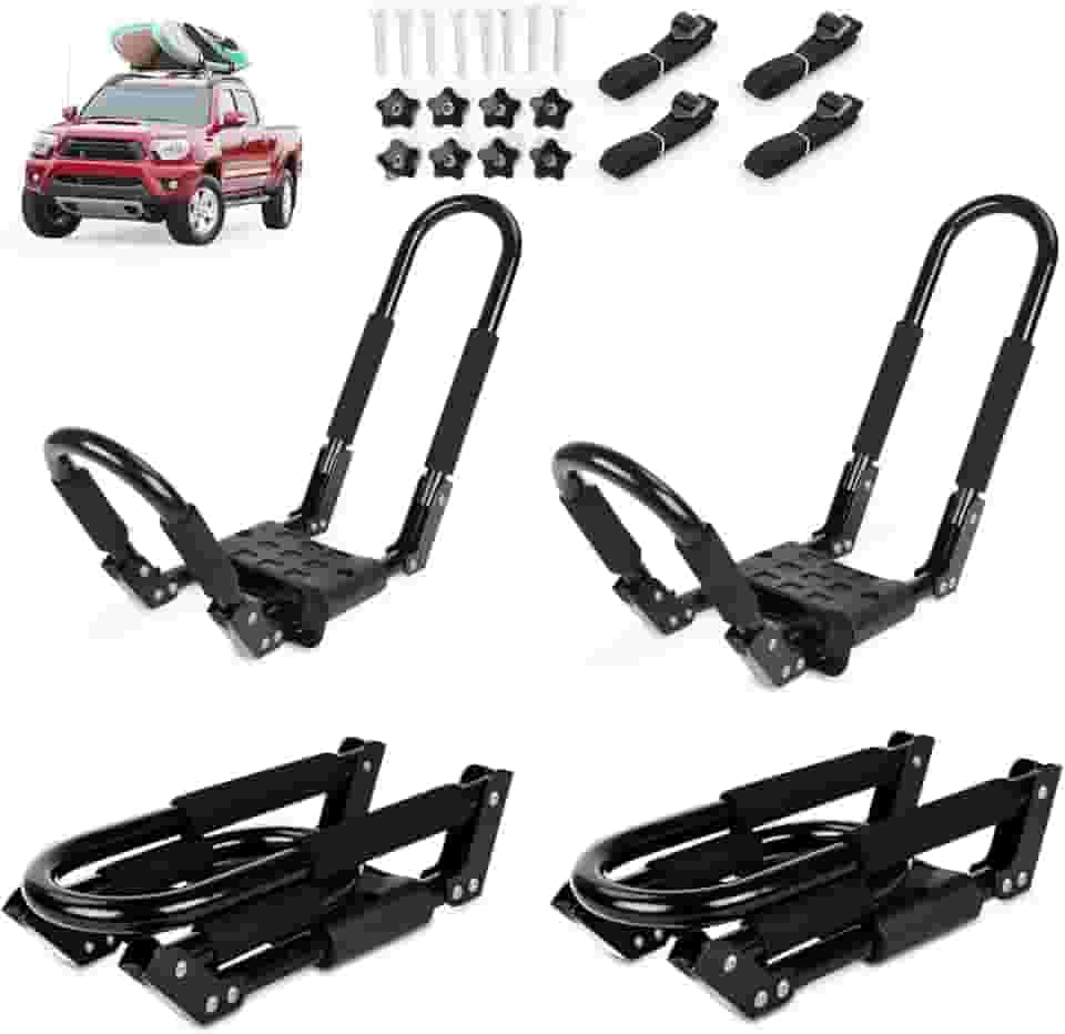 Ediors Suporte dobrável para caiaque, 2 pares, 4 peças de suportes de teto J-Bar para caiaque, canoa, pranchas de remo, esqui, prancha de surfe, suporte dobrável de caiaque para carro, SUV, caminhão,