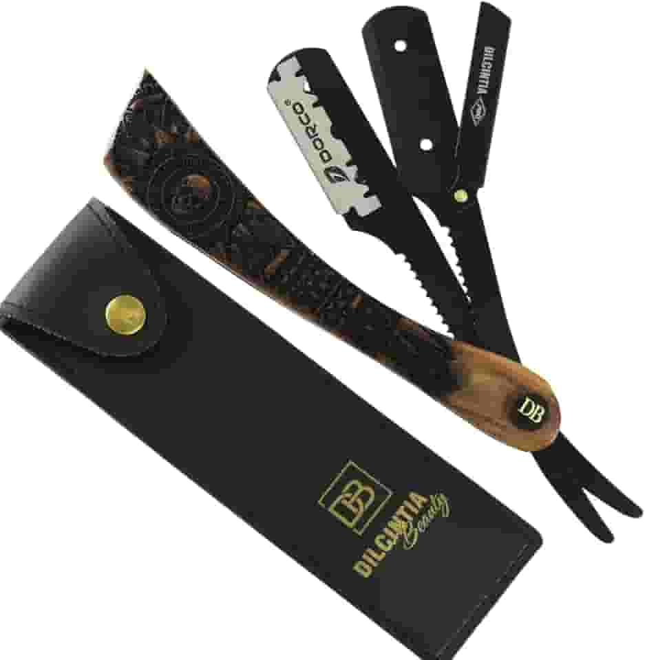 Navalhete para Barba Navalha Profissional Cabo Madeira Nobre Talhada Aço Inox + Case Dilcintia