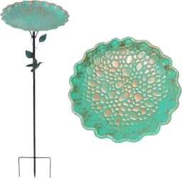 Shudyear Banheira de metal para pássaros ao ar livre de 81 cm, suporte para pássaros e alimentador de pássaros, lindo colorido ao ar livre, jardim, pátio, gramado, decoração de pássaros, tigela