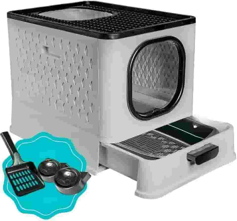 Caixa De Areia Fechada Para Gatos Porta Transparente 02 Comedouros Pá Fácil Limpar Gatos Todos Portes Residencia Caixa De Areia(SB LUXO + PENEIRA - CINZA)