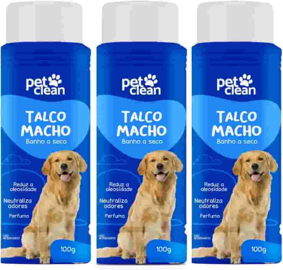 Pet Clean Talco Banho a Seco para Cães Machos, 100g, Reduz Oleosidade e Neutraliza Odores, Kit com 3 Unidades