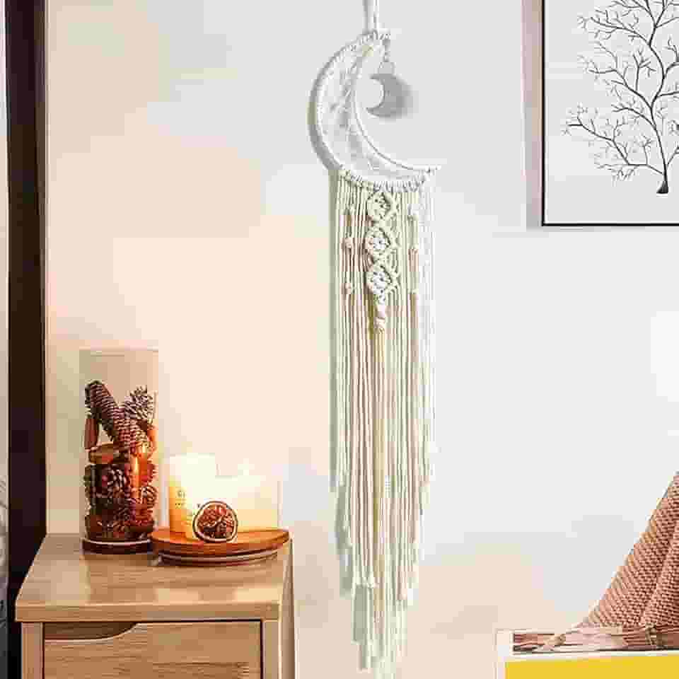 Apanhadores de sonhos, tapeçaria de parede de tecido macramê boho, lua crescente, apanhador de sonhos com borla longa, decoração de parede boho de algodão branco, lua