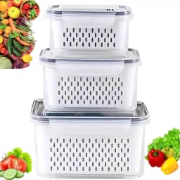 Kit 3 Potes Organizadores Herméticos para Geladeira com Cesto Interno – Livre de BPA, Empilháveis, Conserva Frutas e Legumes Frescos
