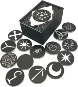 Caixa de Runas das Bruxas Preta com Pentagrama, 14 Peças com Símbolos Brancos, Conjunto de Runas Místicas para Adivinhação
